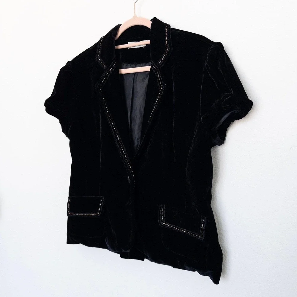 Y2K‎ Cotton Candy Womens Velvet Blazer M/L Black Beaded Embroidered Whimsigoth